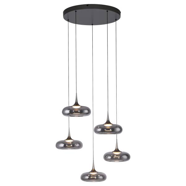 LED-Pendelleuchte Posh rund - Rauchglas / Eisen - 5-flammig