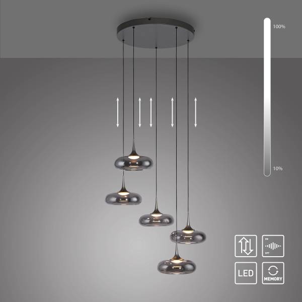 LED-Pendelleuchte Posh rund - Rauchglas / Eisen - 5-flammig
