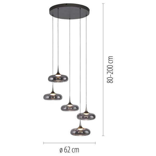 LED-Pendelleuchte Posh rund - Rauchglas / Eisen - 5-flammig
