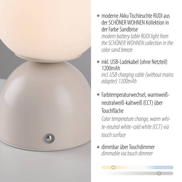 LED-Tischleuchte Rudi - Opalglas / Eisen - 1-flammig - Beige
