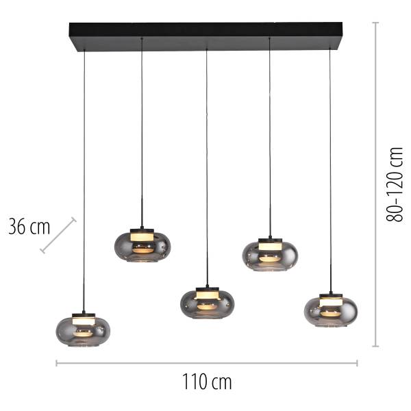 LED-Pendelleuchte Sia - Rauchglas / Eisen - Flammenanzahl: 5