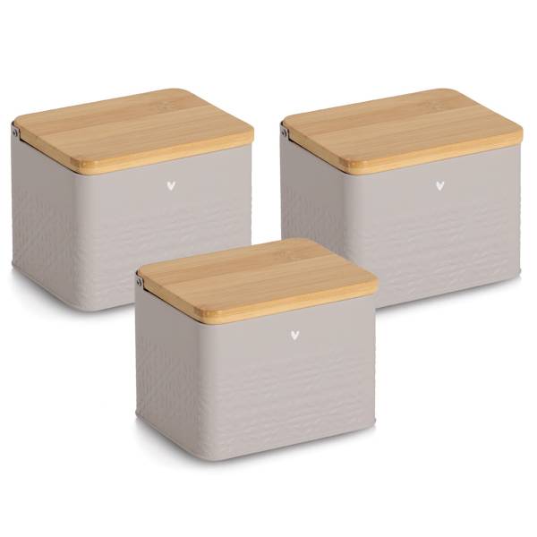 Vorratsdose Heart 3er-Set - Metall / Bambus - Greige - 11 x 14 cm