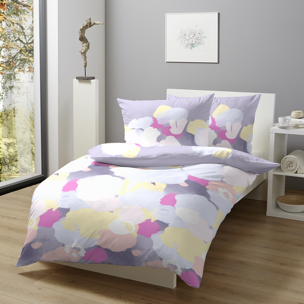 Mako-Satin-Bettwäsche Lazu - Baumwollstoff - Grau / Pink - 135 x 200 cm + Kissen 80 x 80 cm