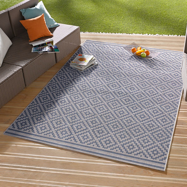 In-/Outdoor-Läufer Raute - Kunstfaser - Blau / Beige - 80 x 200 cm