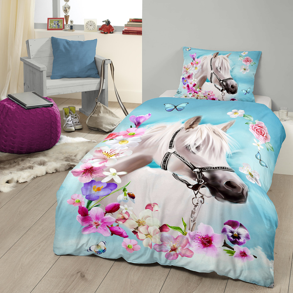 Jersey-Bettwäsche My beauty - Baumwollstoff - Hellblau / Mehrfarbig - 140 x 200/220 cm + Kissen 70 x 60 cm