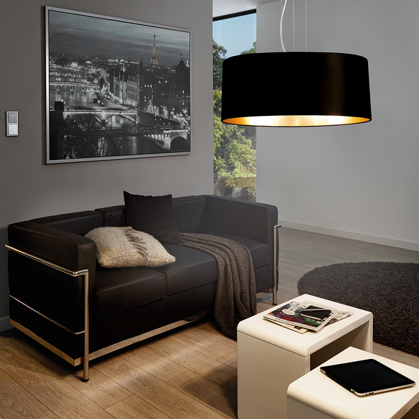 Pendelleuchte Maserlo II - Webstoff / Stahl - 3-flammig - Schwarz / Gold