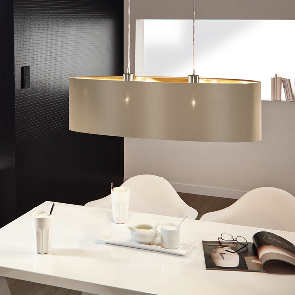 Pendelleuchte Maserlo III - Webstoff / Stahl - 2-flammig - Taupe / Gold - Breite: 78 cm
