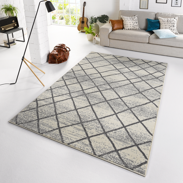 Teppich Rhombe - Kunstfaser - Creme / Anthrazit - 70 x 140 cm