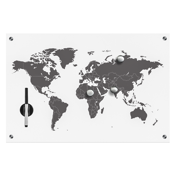 Memoboard Worldmap - Glas / Edelstahl - Weiß / Hellgrau